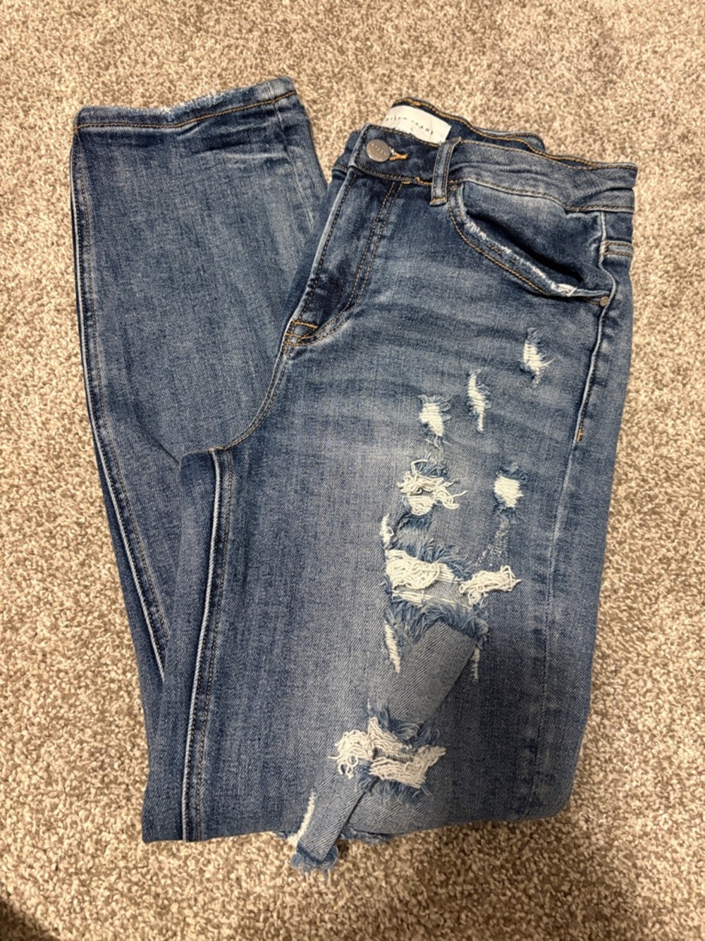 Risen Distressed Straight Leg Jeans